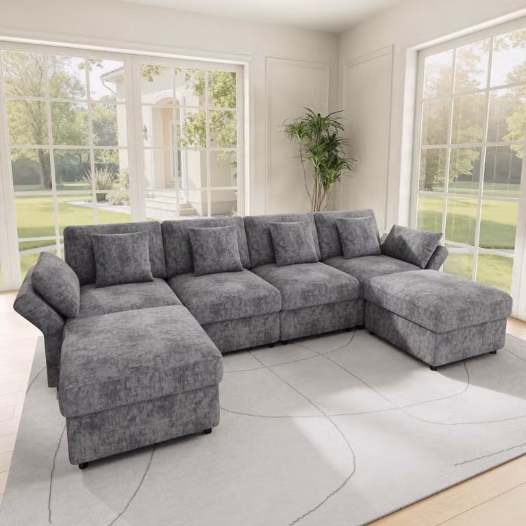 Divano angolare Merax a 4 posti, a forma di U/L, modulare in ciniglia con 2 pouf, braccioli regolabili, 4 cuscini decorativi e 2 poggiatesta, divano, grigio