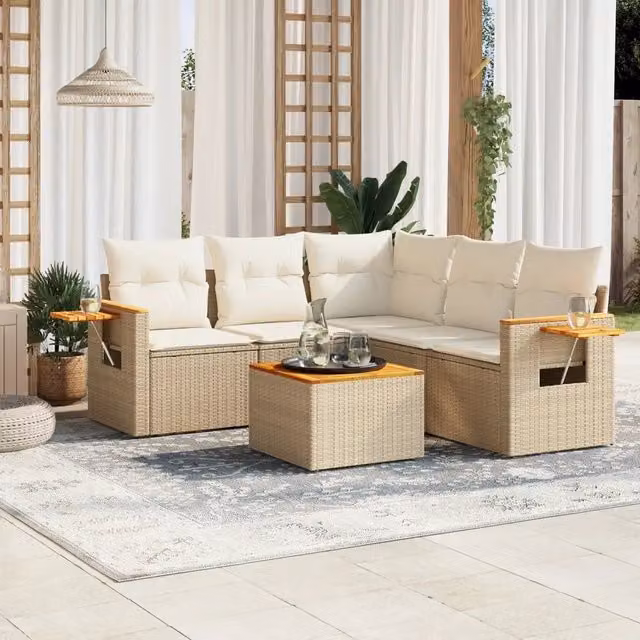 Set Divano da Giardino a L vidaXL in Polyrattan con Cuscini Beige e Tavolino da Esterno 6 Pezzi – 1