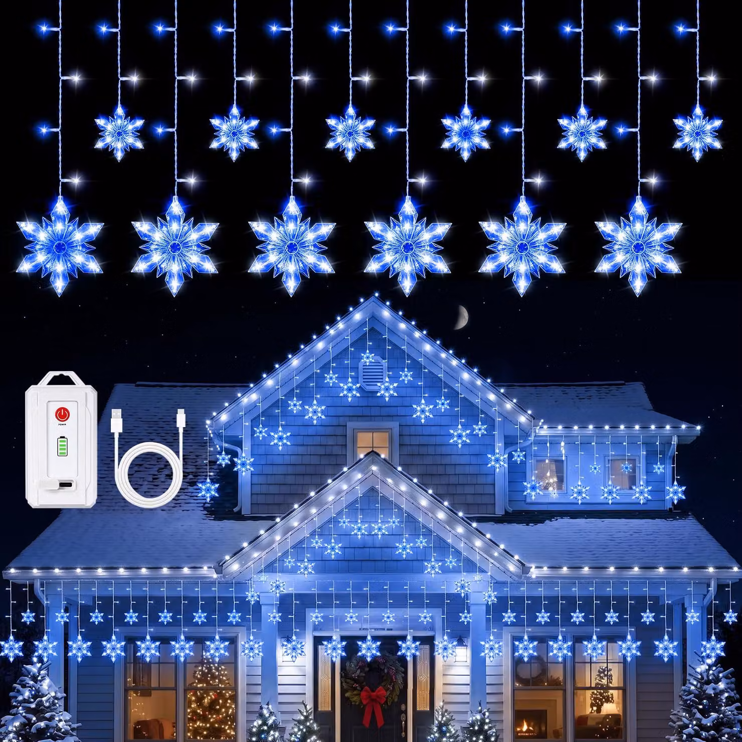 Tenda luminosa a forma di fiocchi di neve, con connessione USB-C, colore blu/bianco, 144 LED