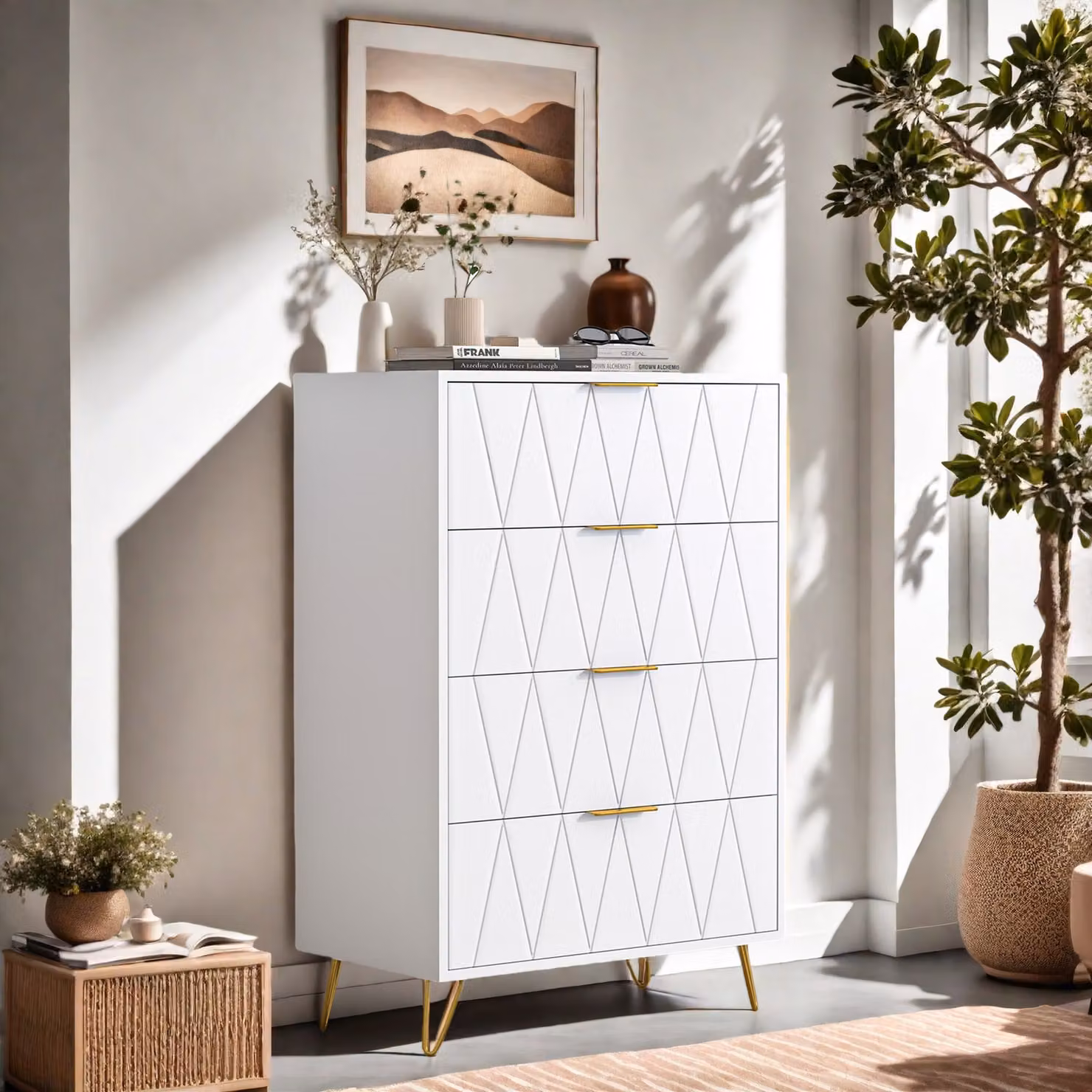 UnboxG credenza, cassettiera con tanto spazio, mobile con 4 cassetti, credenza per soggiorno, bianco 90x34x60cm