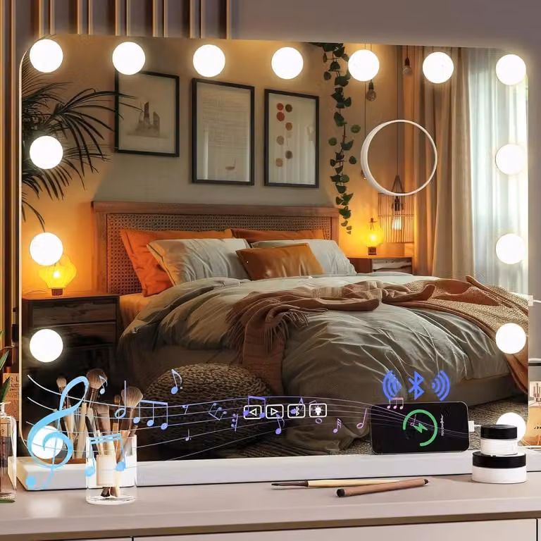 Specchio da trucco hollywoodiano con luci, dotato di 15 lampadine LED dimmerabili, 3 modalità di illuminazione e regolazione della luminosità. Include una porta di ricarica USB. Dimensioni: 58 x 46 cm