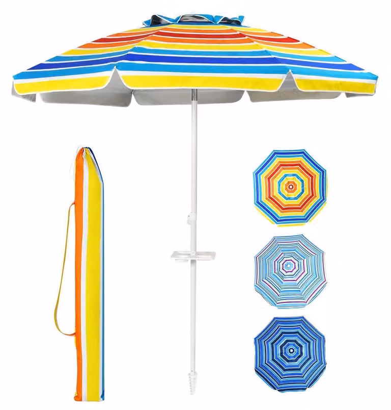 Ombrellone da spiaggia, diametro 220 cm, pieghevole, resistente al vento, con portabevande e copertura protettiva, disponibile in vari colori