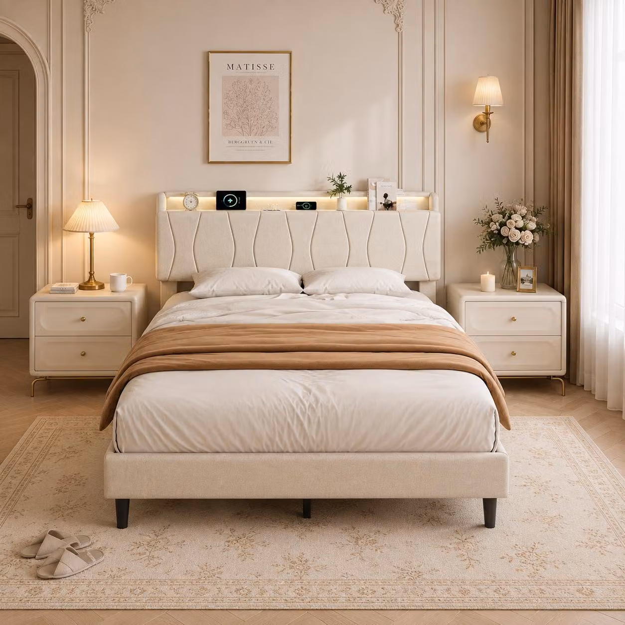 Letto imbottito INONEFT, 160x200 cm, con illuminazione LED, prese USB di tipo C e porte USB, letto matrimoniale con spazio contenitivo nella testiera, letto per ragazzi con rete a doghe, color beige