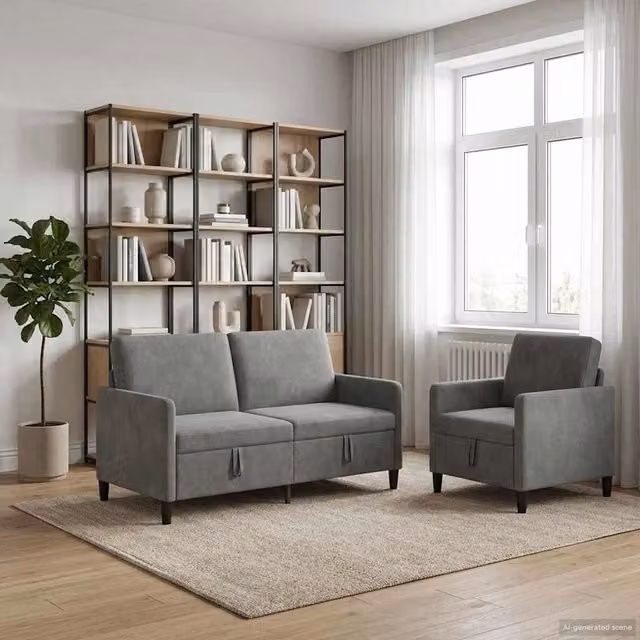 Set di divani moderni vidaXL con contenitore a sollevamento, rivestimento in tessuto grigio e seduta imbottita per il tuo soggiorno