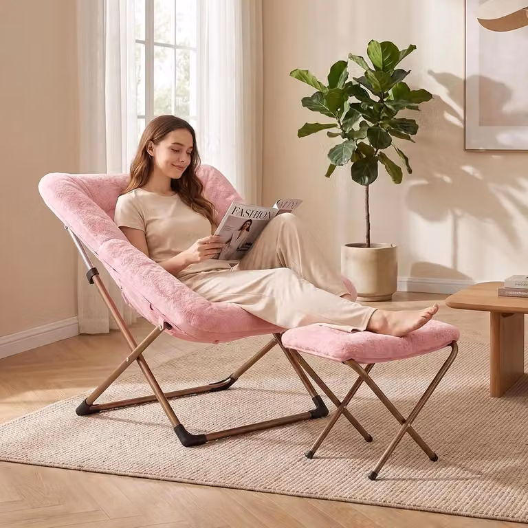 Poltrona reclinabile con poggiapiedi - Poltrona relax - Pieghevole - Imbottita - Rivestita in tessuto - Struttura in metallo - 72 x 76 x 78 cm - Rosa