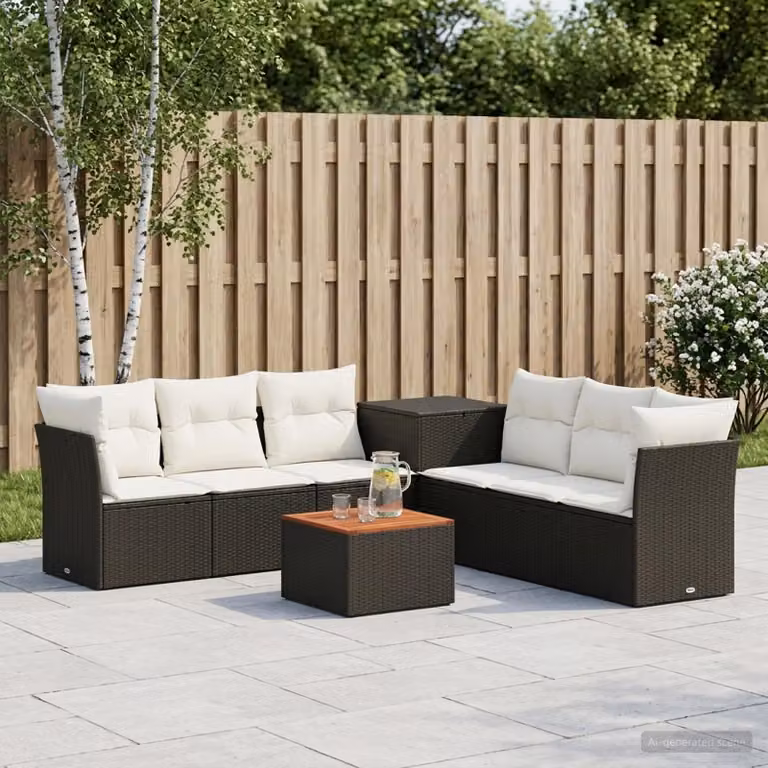 Set di divani da giardino vidaXL in polyrattan nero e bianco con tavolo da caffè e cuscini inclusi