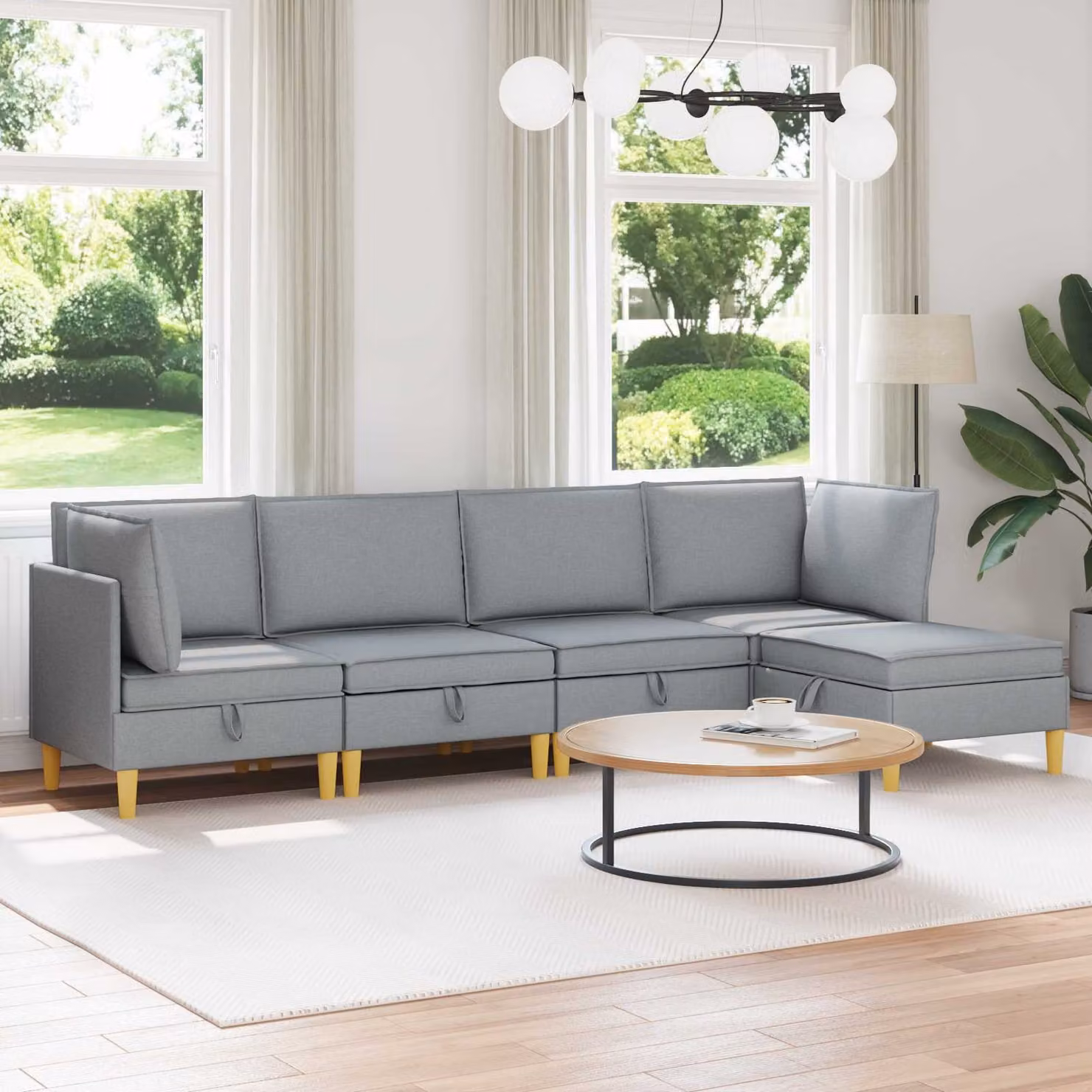 Set di divani modulari vidaXL a forma di L con spazio di archiviazione, 5 pezzi, tessuto grigio con coperture rimovibili