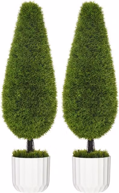 Set di 2 Piante Finte di Cipresso HOMCOM con Vasi in Cemento e Muschio, Colore Verde e Bianco, Diametro: 12 cm, Altezza: 16 cm – 1