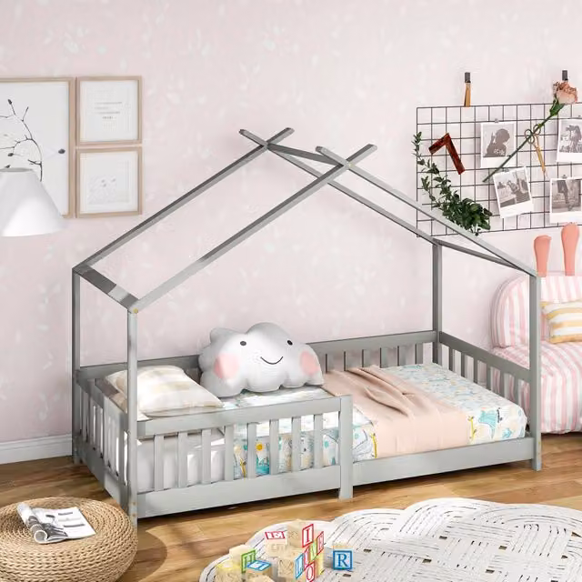 Letto a casetta singolo OKWISH in pino massiccio grigio chiaro con barriera di sicurezza, L/P/H: 205 x 90 x 158 cm