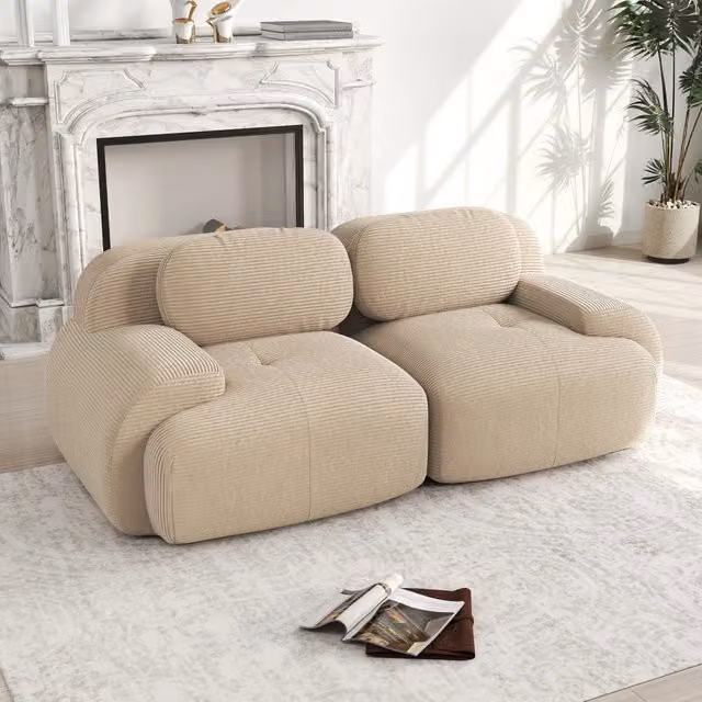 Divano angolare modulare senza struttura in tessuto corduroy con braccioli curvi base antiscivolo beige senza montaggio