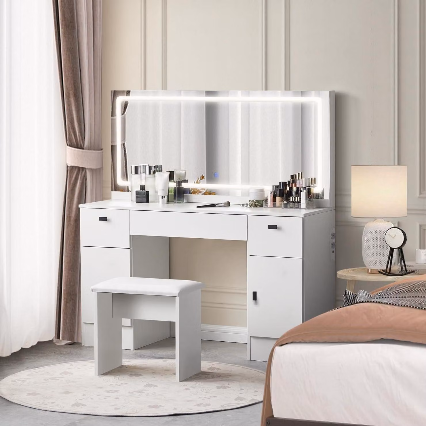 Comò da trucco illuminato con sgabello, colore bianco, dimensioni 117x40x135 cm