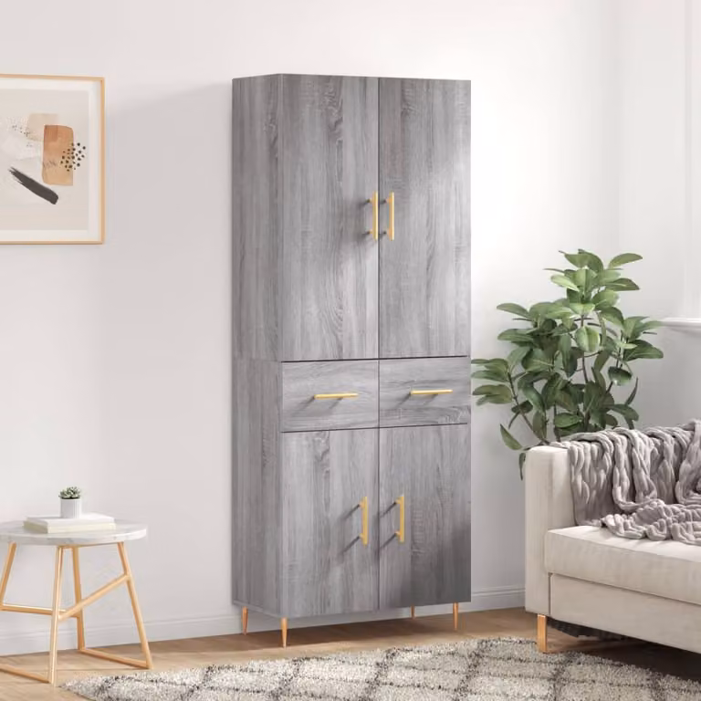 Credenza moderna vidaXL in legno multistrato e metallo, Grigio Sonoma, L: 69,5 cm, P: 34 cm, H: 180 cm