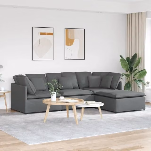 Divano Modulare con Poggiapiedi e Cuscini Tessuto Grigio Scuro 3321298
