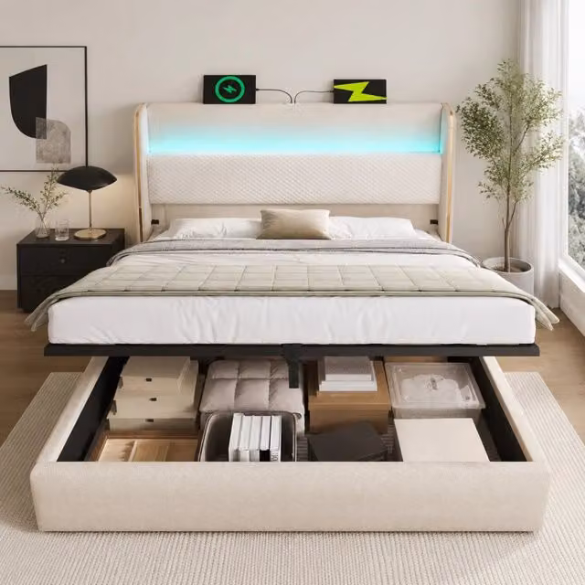 Letto contenitore 160x200 cm beige con LED, USB e Type-C