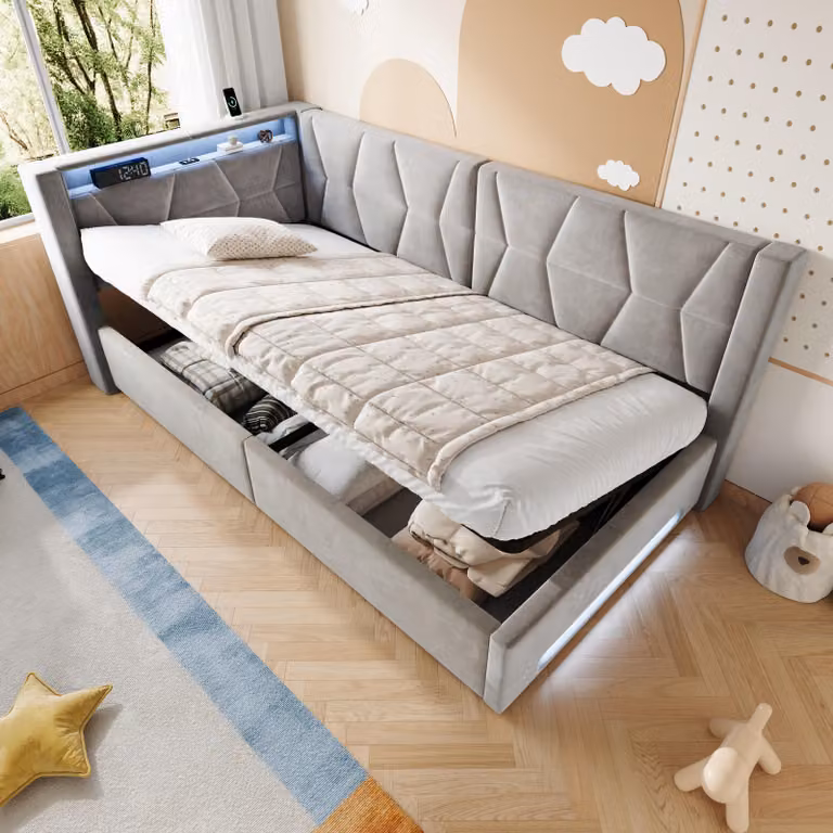Letto imbottito in velluto MODFU, modello divano letto, 90x200 cm, con cassettone contenitore a sollevamento idraulico, letto per ragazzi con LED e testiera imbottita, divano letto con spazio contenitivo, senza materasso, color beige