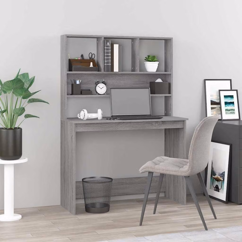 Scrivania con mensole vidaXL in legno multistrato e MDF, colore Grigio Sonoma, L 102 cm x P 45 cm x H 148 cm