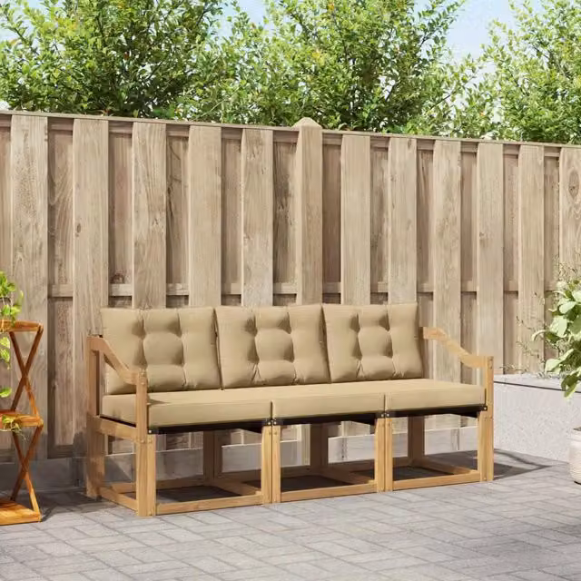 Set di divani da esterno 3 pezzi vidaXL in legno di acacia e textilene, colore bianco e beige, con cuscini inclusi – 1