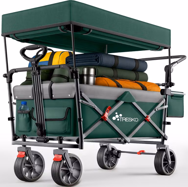 TRESKO® Carrello pieghevole con tetto verde, vano refrigerante e tende laterali a rullo | Carrello con carico massimo fino a 150 kg | Carrello di trasporto con pneumatici in gomma piena e freni di stazionamento (anteriore e posteriore) e cintura a 3 punti