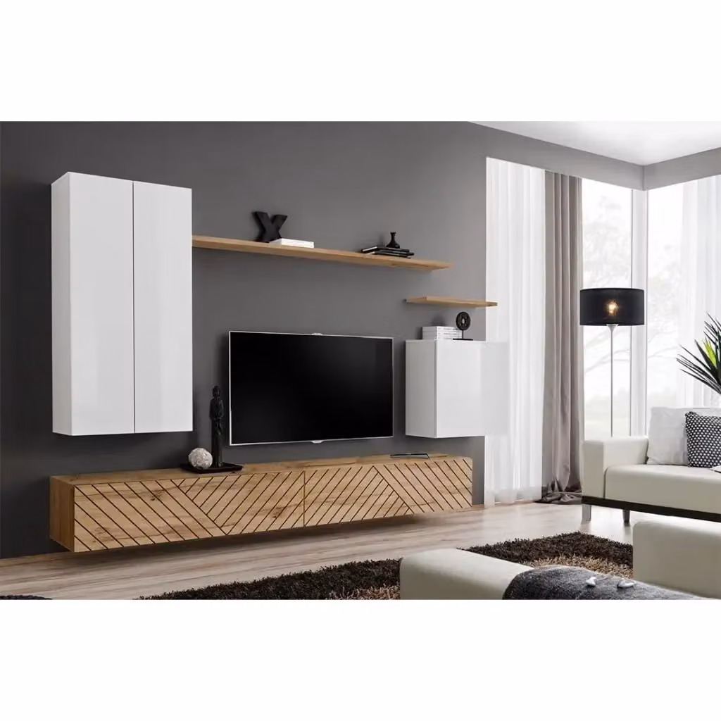 Insieme mobile salotto SWITCH II Meublorama design bianco lucido e quercia wotan L 270 x P 40 x H 160 cm – 2