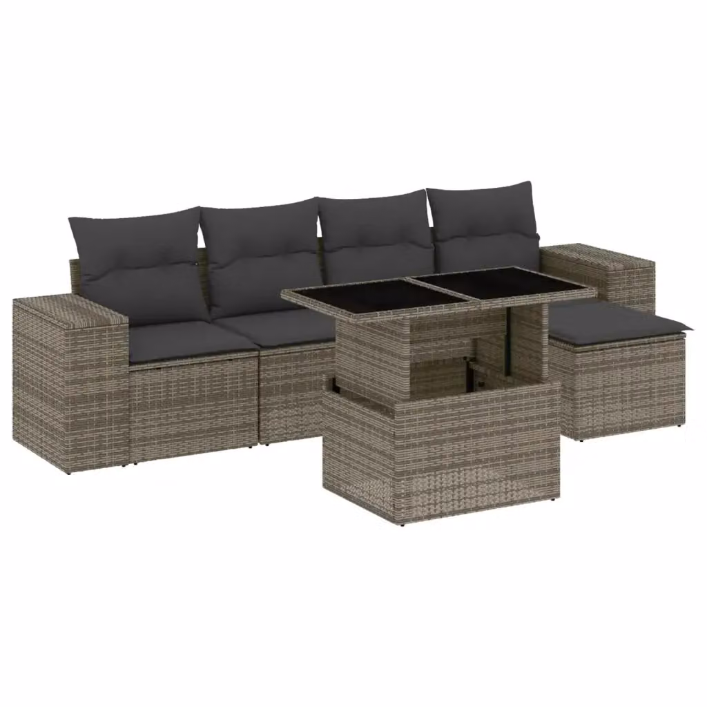 vidaXL Set Divano da Giardino 6 pz a L in Polyrattan Grigio con Cuscini e Tavolino – 2
