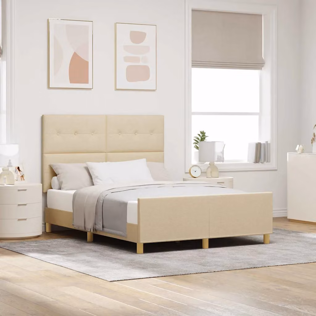 Struttura del letto con testiera vidaXL in tessuto beige e legno di pino, L/P/H: 140 x 190 x 128 cm