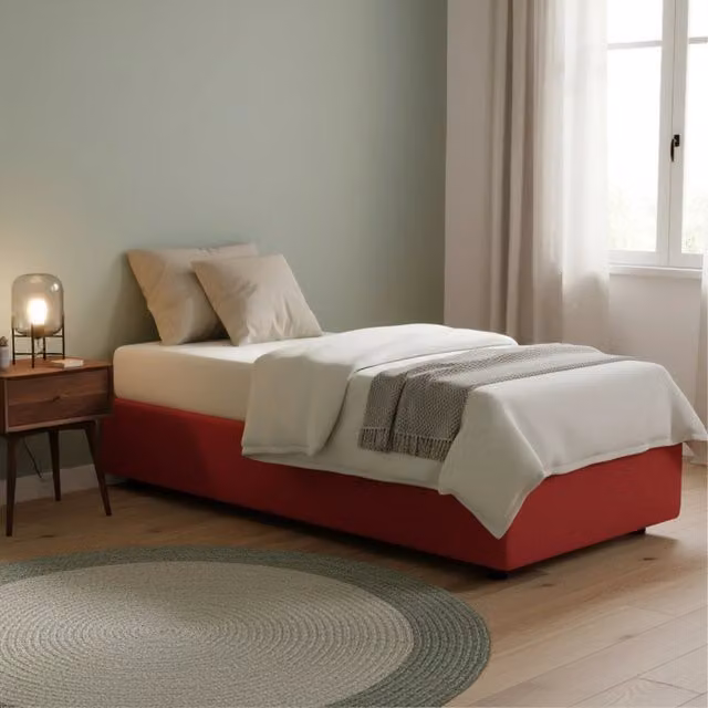Letto singolo contenitore Addison di Talamo Italia con materasso incluso, rivestimento in tessuto rosso, apertura frontale