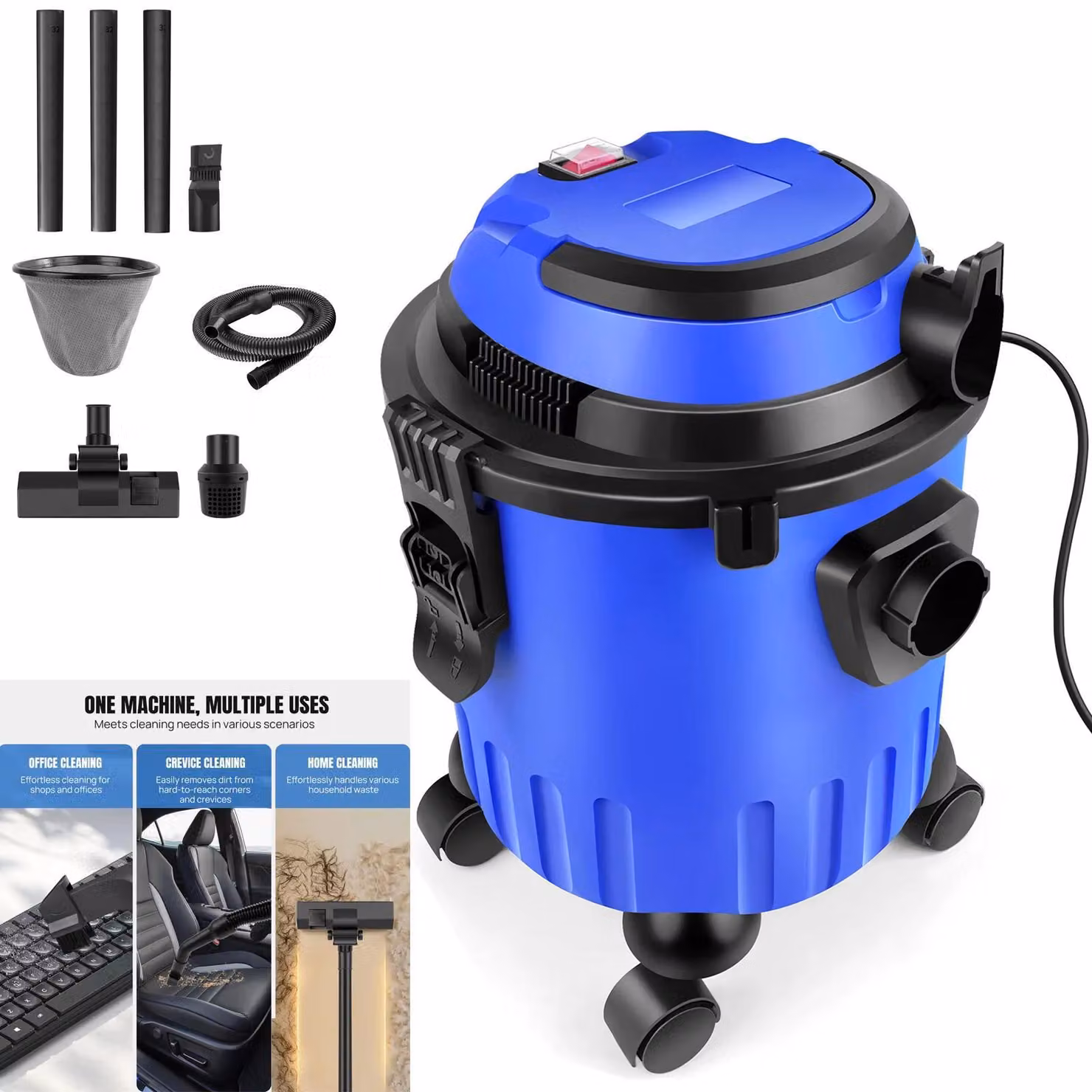 Aspirapolvere senza sacchetto - Aspirapolvere 3 in 1 per liquidi e solidi - Design a zaino - 5000 W - Filtro HEPA multiciclone - Serbatoio da 1–2 L - Depressione >19 kPa - Cavo da 5 m - Blu