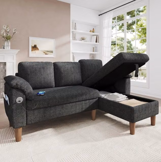 Divano angolare modulare 3 posti con chaise longue reversibile; contenitore; USB e Type-C; ciniglia grigio scuro