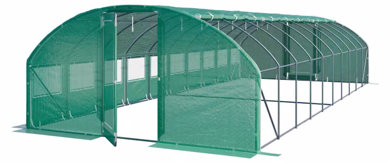 Serra Tunnel TOOLPORT con porta a battente, 4x10m telo in PE 180g/m² verde trasparente