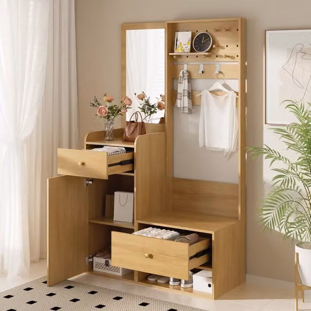 Guardaroba da ingresso Mivray con specchio, cassetti interni e vano aperto, color marrone, L: 105 cm, P: 38 cm, H: 180 cm