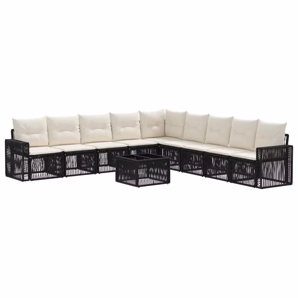 Set Divano da Giardino vidaXL 10 Pezzi a Forma di L con Tavolino, Colore Nero e Bianco Crema, Struttura in Metallo e Polyrattan con Cuscini Inclusi – 2