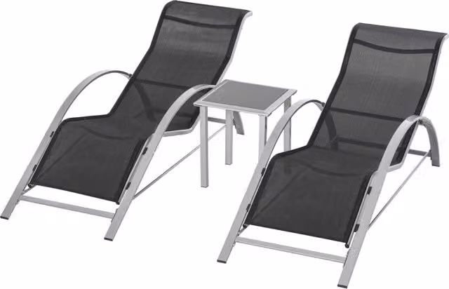 Set Easycomfort composto da 2 Sdraio da Giardino con Poggiatesta Regolabile e Tavolino con Vetro, Lettino Prendisole in Tessuto Traspirante Textilene e Acciaio, L/P/H: 169 x 59 x 66 cm, Nero Grigio