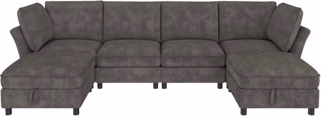 Divano angolare modulare a U/L 6 posti con pouf contenitore, rivestimento in ciniglia grigio, design Cloud, per soggiorno e camera da letto