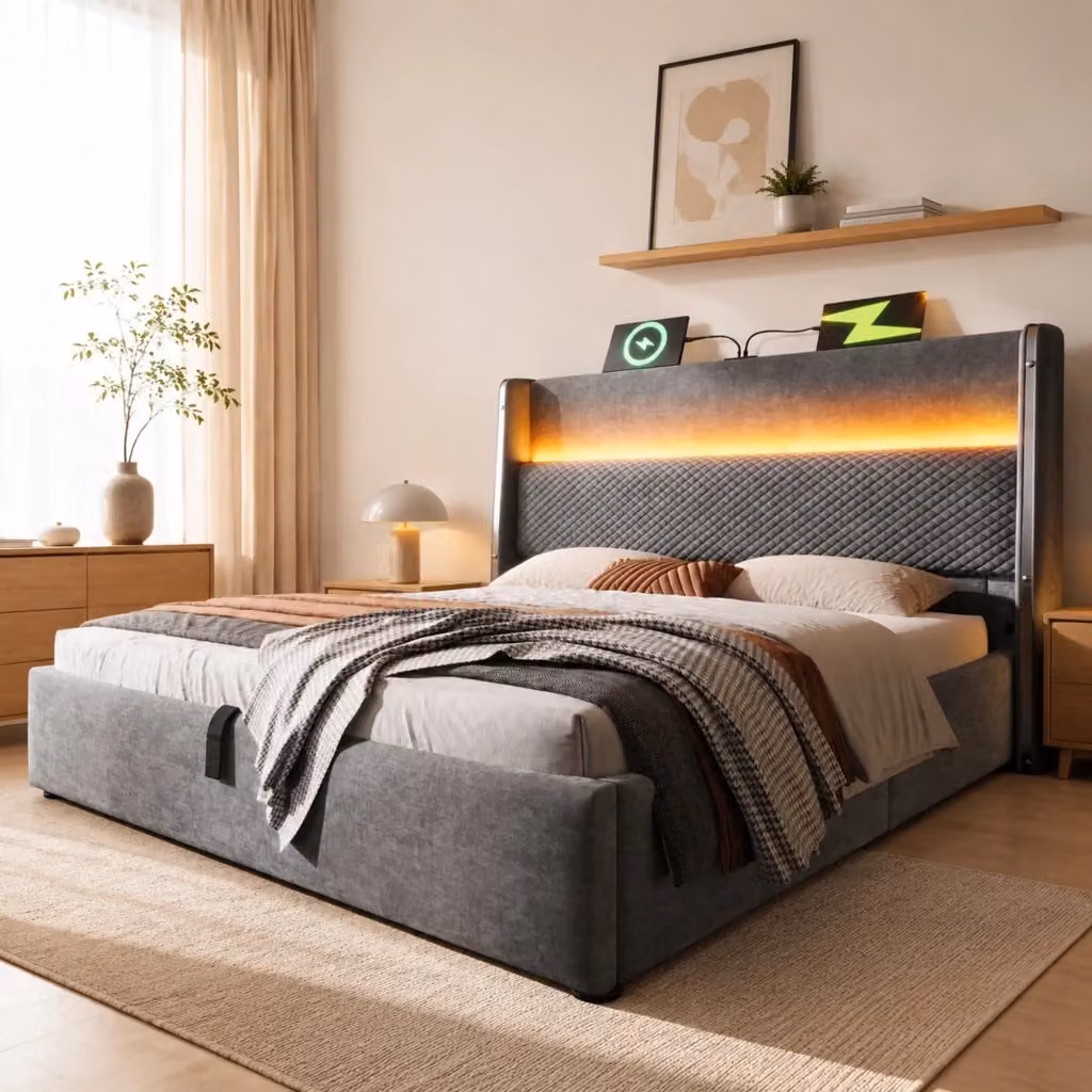 Letto con contenitore Mivray in lino grigio con testiera alta dotata di illuminazione LED, porte USB e Type-C, L/P/H: 221 x 140 x 153 cm – 2