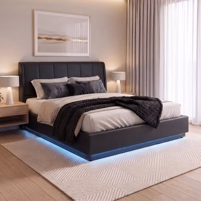 Letto Matrimoniale Contenitore Tröstiar en.casa con Apertura a Ribalta, Luce LED e Rivestimento in Similpelle Nero, L/P: 160 x 200 cm – 1