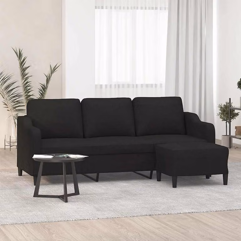 vidaXL Divano a 3 Posti Moderno con Poggiapiedi Nero in Tessuto L: 198 cm, P: 80 cm, H: 77 cm