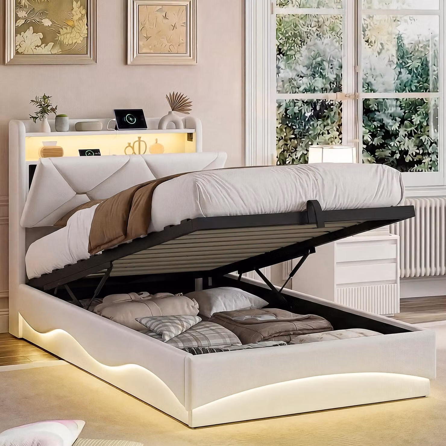Letto imbottito 90x200 cm con spazio contenitore a sollevamento idraulico, testiera con vano portaoggetti, illuminazione LED, 2 porte USB e una porta Type-C, rete a doghe, colore bianco, senza materasso
