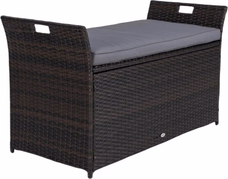 COSTWAY Panca da giardino a 2 posti, panca in polyrattan con vano portaoggetti, cuscini e maniglie laterali, scatola per cuscini, scatola portaoggetti, cassapanca da giardino, panchina da balcone