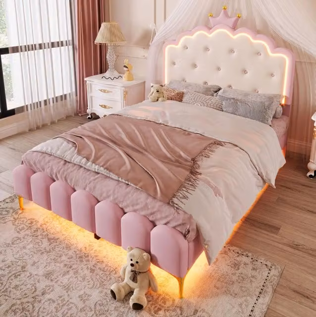 Letto imbottito a corona 140 x 200 cm in PU rosa con rete a doghe e luci LED
