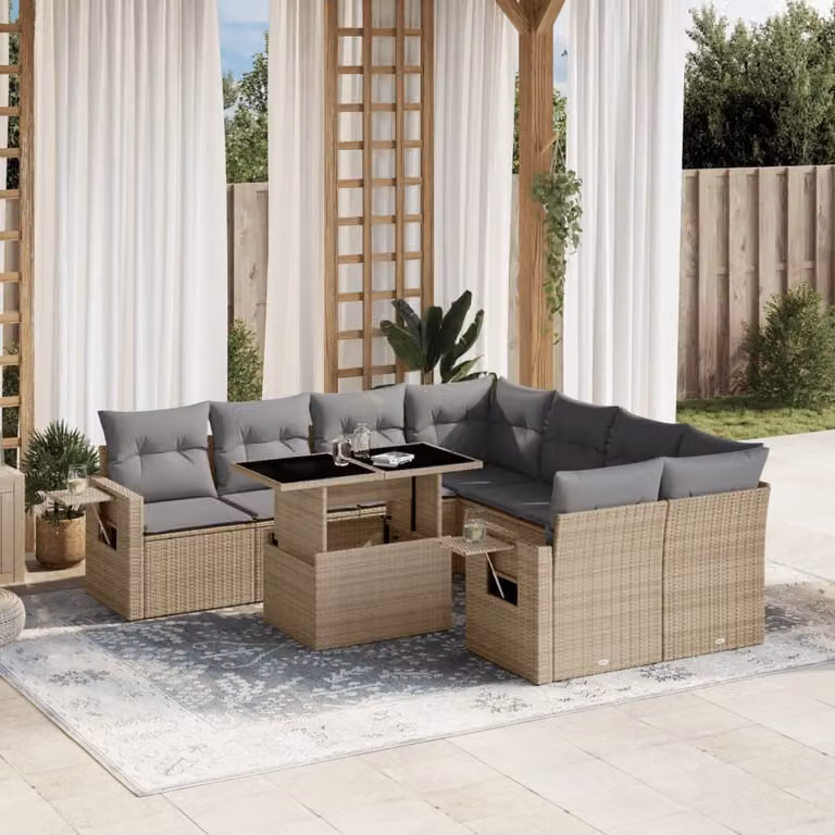 Maison Exclusive - Set Divano da Giardino 9 pz con Cuscini Beige in Polyrattan