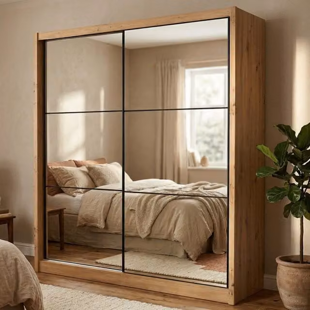 Armadio da camera da letto moderno DMORA con ante scorrevoli in legno e vetro, colore marrone rovere e nero, L: 213 cm, H: 216 cm