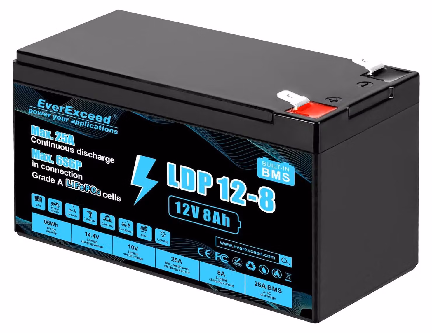 Batterie LiFePO4 da 12V e 8Ah, con più di 3000 cicli di carica e scarica, e sistema di gestione della batteria (BMS) da 25A