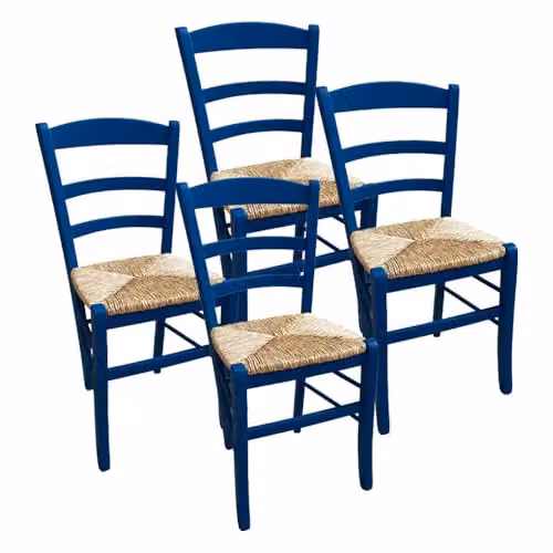 MA MAISON Set 4PZ Sedie in Legno con Seduta in Paglia - Ampia, Compatta, Schienale Alto, Robusta, Paesana, Rustica, per Cucina, Agriturismo, Ristorante, Soggiorno - 42X40X87H CM (BLU)