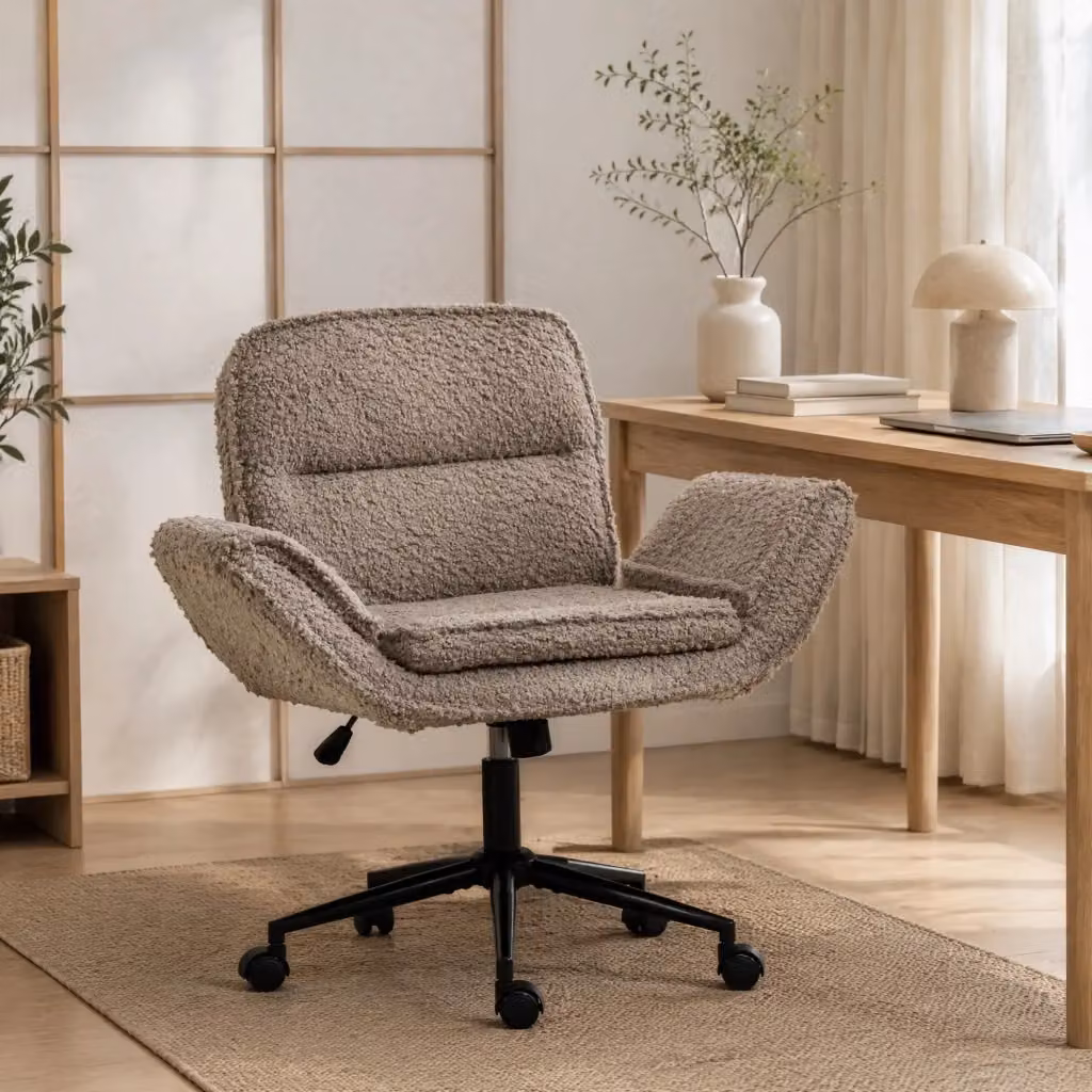 Sedia da ufficio girevole MIVRAY con braccioli, rivestimento in tessuto bouclé marrone e beige, design moderno per home office e soggiorno – 2