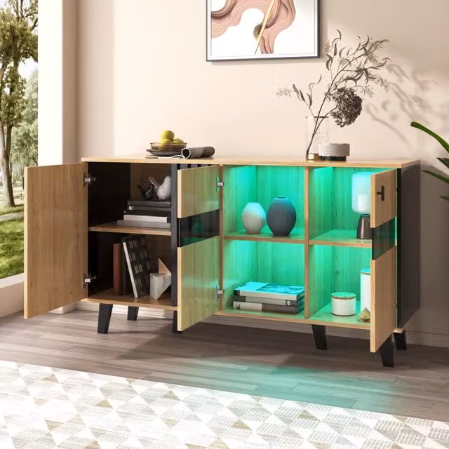 Credenza LED con 3 ante, ripiani e vetrina per soggiorno, in truciolare e vetro, nero naturale, 140 × 41 × 78.5 cm