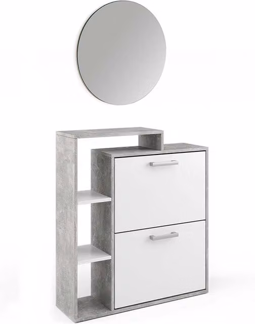 Scarpiera da ingresso Orlando Vicco con specchio e vani a ribalta, grigio e bianco, L: 90 cm, H: 80 cm, P: 25 cm – 1