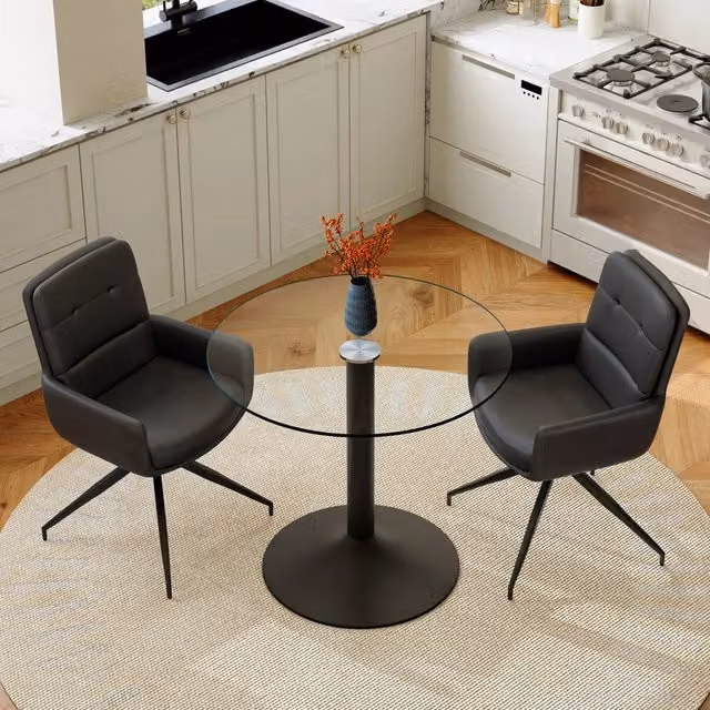 Set tavolo da pranzo rotondo in vetro temperato con base nera stile lusso, 2 sedie girevoli a 360° in PU nere