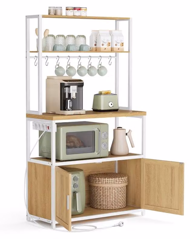 Ripiano per cucina con prese elettriche e 8 ganci | Colore: noce dorato e bianco nuvola | Dimensioni: 80x40x170 cm