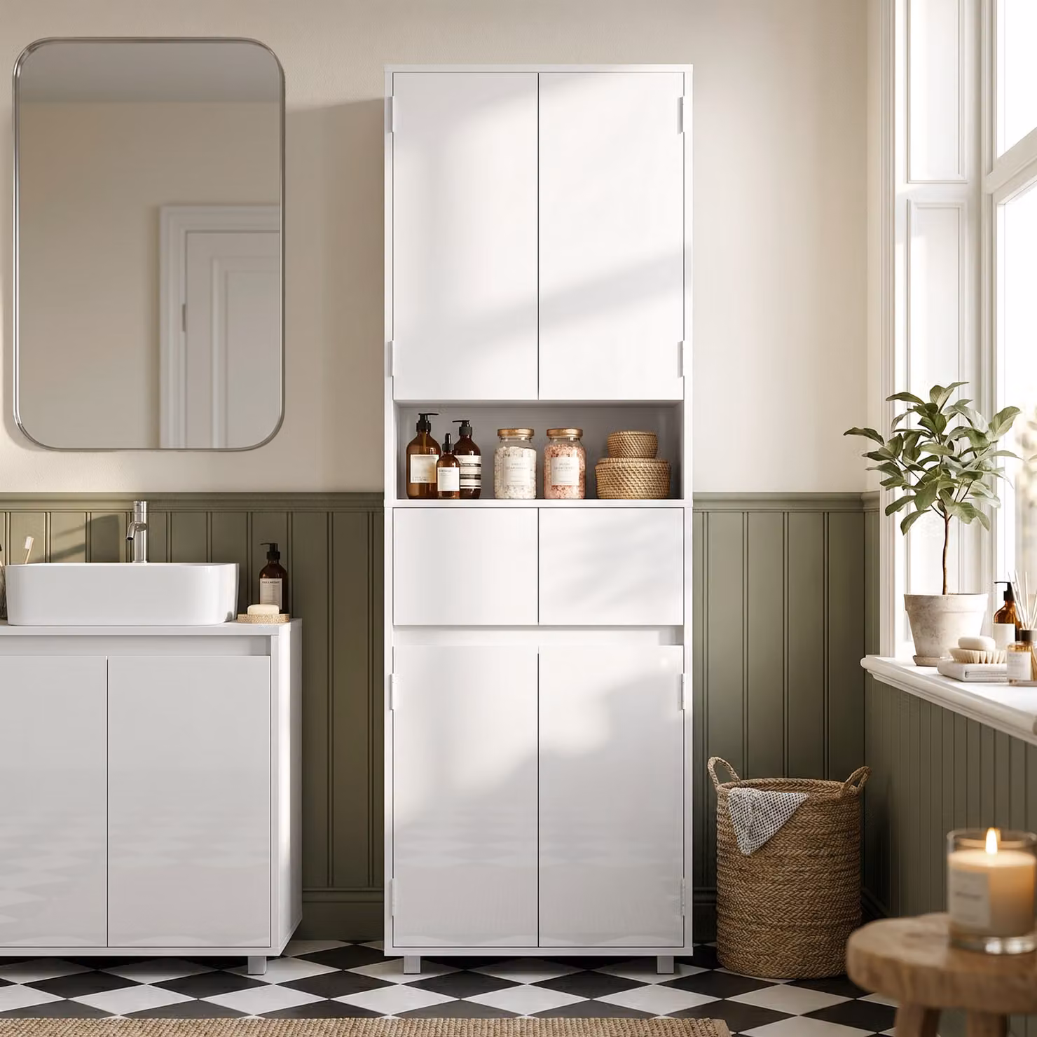 Mobile Alto da Bagno Slim HOMCOM Bianco Lucido con Cassetti e Ripiani – 2