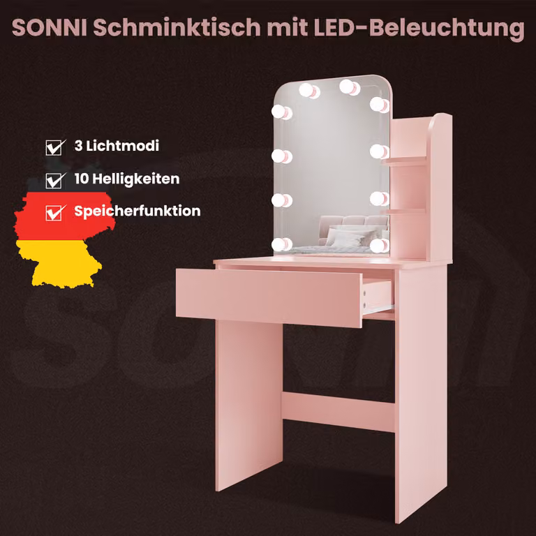 SONNI 70x40x140cm Comodino rosa con cassettiera con lampadine tricolori a luminosità regolabile specchio compatto cassettiera